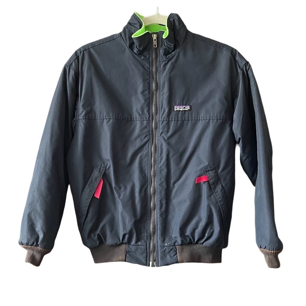 Patagonia Bomber Jacket Kids 14 Fleece Lined Winter Zip Navy Blue Green Made USA
